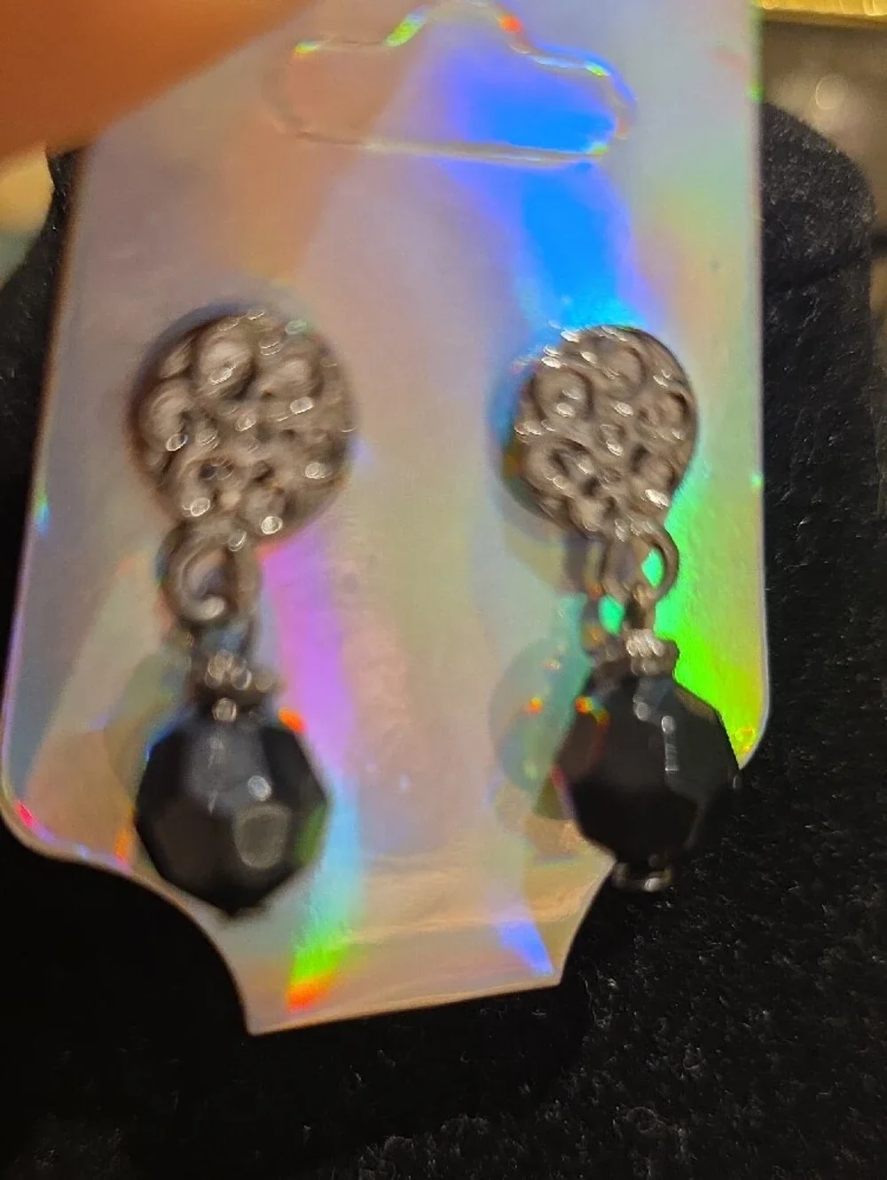 Vintage Black Faceted Bead Drop Earrings with Silver Filigree